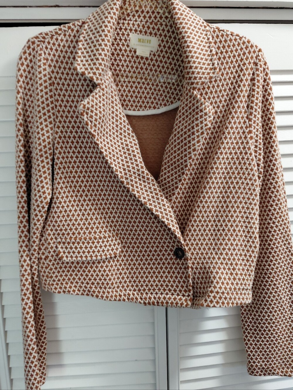Maeve Cropped Geometric Knit Blazer in Brown and Cream